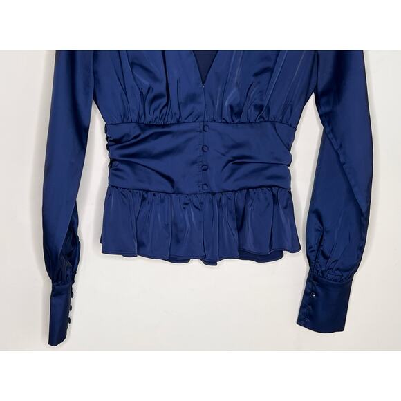 Jason Wu Long Sleeve Deep V-Neck Satin Peplum Button Blouse Navy Blue Womens XS - Picture 4 of 9